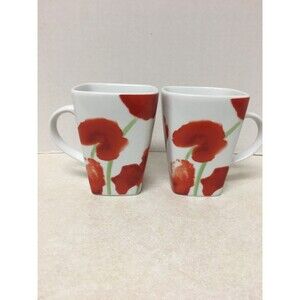 Food Network Porcelain Set Of 2 Poppy Flowers Square Mugs 12oz
